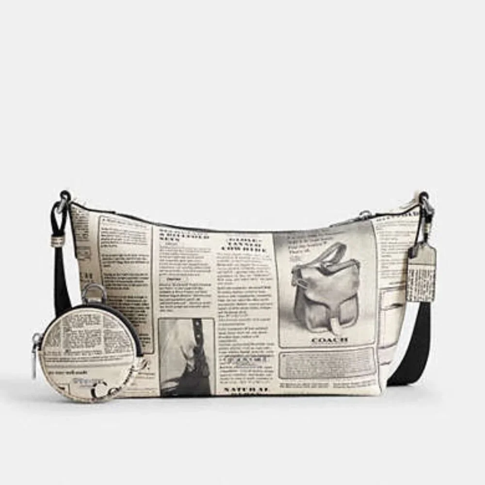 Coach Newspaper Print Shoulder Bag in Cream and Black - Picture 1 of 14